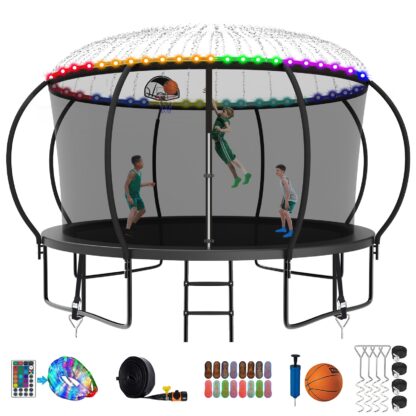 Kumix Trampoline, 12FT 14FT 15FT 16FT Trampoline with Enclosure, Basketball Hoop, Extra Gifts, 1200LBS Trampoline for 6-7 Kids/2-3 Adults, Outdoor Heavy Duty Galvanized Full Spray Pumpkin Trampoline