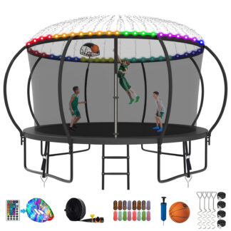 Kumix Trampoline 1200LBS 8 10 12 14 15 16FT Trampoline for Adults and Kids, Trampoline with Enclosure, Basketball Hoop, Wind Stakes and More Gifts, Galvanized Anti-Rust Outdoor Trampoline, Black