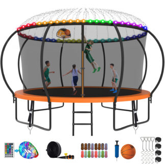 Kumix Trampoline 1400LBS 8 10 12 14 15 16FT Trampoline for Adults and Kids, Trampoline with Enclosure, Basketball Hoop, Wind Stakes and More Gifts, Galvanized Anti-Rust Outdoor Trampoline, Orange