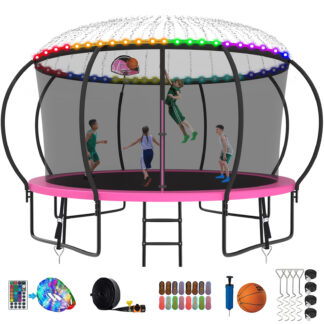 Kumix Trampoline 1400LBS 8 10 12 14 15 16FT Trampoline for Adults and Kids, Trampoline with Enclosure, Basketball Hoop, Wind Stakes and More Gifts, Galvanized Anti-Rust Outdoor Trampoline, Pink