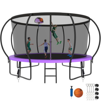 Kumix Trampoline 1400LBS 8 10 12 14 15 16FT Trampoline for Adults and Kids, Trampoline with Enclosure, Basketball Hoop, Wind Stakes, No Gap Design Galvanized Anti-Rust Outdoor Trampoline, Purple