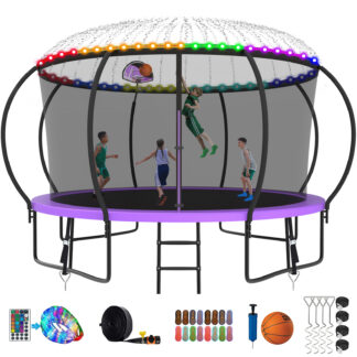 Kumix Trampoline 1400LBS 8 10 12 14 15 16FT Trampoline for Adults and Kids, Trampoline with Enclosure, Basketball Hoop, Wind Stakes and More Gifts, Galvanized Anti-Rust Outdoor Trampoline, Purple