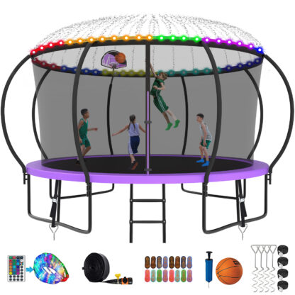 Kumix Trampoline 1400LBS 8 10 12 14 15 16FT Trampoline for Adults and Kids, Trampoline with Enclosure, Basketball Hoop, Wind Stakes and More Gifts, Galvanized Anti-Rust Outdoor Trampoline, Purple