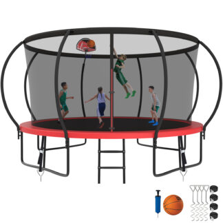Kumix Trampoline 1400LBS 8 10 12 14 15 16FT Trampoline for Adults and Kids, Trampoline with Enclosure, Basketball Hoop, Wind Stakes, No Gap Design Galvanized Anti-Rust Outdoor Trampoline, Red