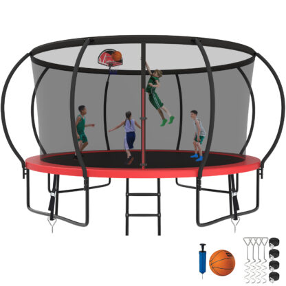 Kumix Trampoline 1400LBS 8 10 12 14 15 16FT Trampoline for Adults and Kids, Trampoline with Enclosure, Basketball Hoop, Wind Stakes, No Gap Design Galvanized Anti-Rust Outdoor Trampoline, Red