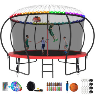 Kumix Trampoline 1400LBS 8 10 12 14 15 16FT Trampoline for Adults and Kids, Trampoline with Enclosure, Basketball Hoop, Wind Stakes and More Gifts, Galvanized Anti-Rust Outdoor Trampoline, Red