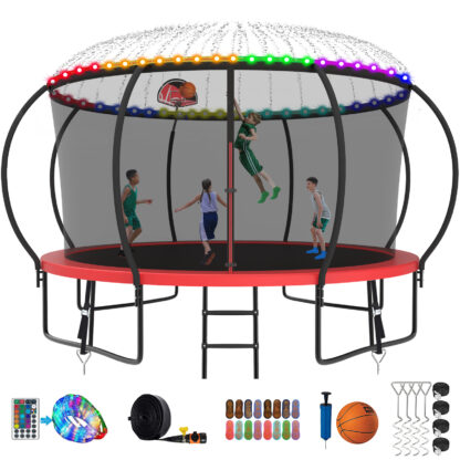 Kumix Trampoline 1400LBS 8 10 12 14 15 16FT Trampoline for Adults and Kids, Trampoline with Enclosure, Basketball Hoop, Wind Stakes and More Gifts, Galvanized Anti-Rust Outdoor Trampoline, Red