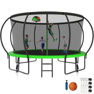 Kumix Trampoline 1400LBS 8 10 12 14 15 16FT Trampoline for Adults and Kids, Trampoline with Enclosure, Basketball Hoop, Wind Stakes, No Gap Design Galvanized Anti-Rust Outdoor Trampoline, Green