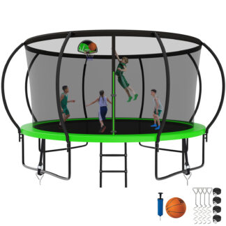 Kumix Trampoline, 12FT 14FT 15FT 16FT Trampoline with Enclosure, Basketball Hoop, Wind Stakes, 1400LBS Trampoline for 7-8 Kids/3-4 Adults, Outdoor Heavy Duty Galvanized Full Spray Pumpkin Trampoline
