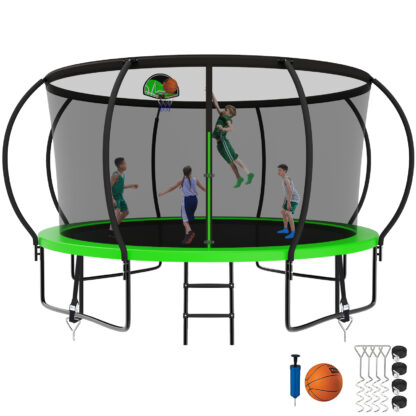 Kumix Trampoline, 12FT 14FT 15FT 16FT Trampoline with Enclosure, Basketball Hoop, Wind Stakes, 1400LBS Trampoline for 7-8 Kids/3-4 Adults, Outdoor Heavy Duty Galvanized Full Spray Pumpkin Trampoline