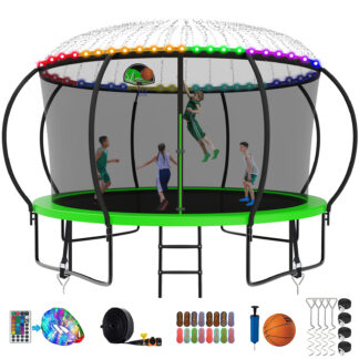 Kumix Trampoline, 12FT 14FT 15FT 16FT Trampoline with Enclosure, Basketball Hoop, Extra Gifts, 1400LBS Trampoline for 7-8 Kids/3-4 Adults, Outdoor Heavy Duty Galvanized Full Spray Pumpkin Trampoline