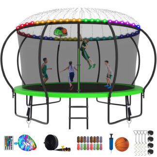 Kumix Trampoline 1400LBS 8 10 12 14 15 16FT Trampoline for Adults and Kids, Trampoline with Enclosure, Basketball Hoop, Wind Stakes and More Gifts, Galvanized Anti-Rust Outdoor Trampoline, Green