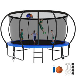 Kumix Trampoline, 12FT 14FT 15FT 16FT Trampoline with Enclosure, Basketball Hoop, Wind Stakes, 1400LBS Trampoline for 7-8 Kids/3-4 Adults, Outdoor Heavy Duty Galvanized Full Spray Pumpkin Trampoline
