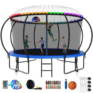 Kumix Trampoline, 12FT 14FT 15FT 16FT Trampoline with Enclosure, Basketball Hoop, Extra Gifts, 1400LBS Trampoline for 7-8 Kids/3-4 Adults, Outdoor Heavy Duty Galvanized Full Spray Pumpkin Trampoline