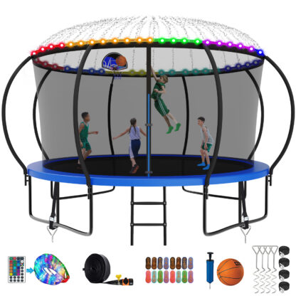 Kumix Trampoline, 12FT 14FT 15FT 16FT Trampoline with Enclosure, Basketball Hoop, Extra Gifts, 1400LBS Trampoline for 7-8 Kids/3-4 Adults, Outdoor Heavy Duty Galvanized Full Spray Pumpkin Trampoline