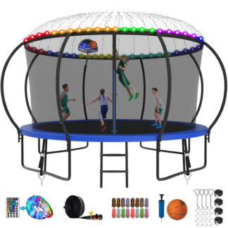 Kumix Trampoline 1400LBS 8 10 12 14 15 16FT Trampoline for Adults and Kids, Trampoline with Enclosure, Basketball Hoop, Wind Stakes and More Gifts, Galvanized Anti-Rust Outdoor Trampoline, Blue