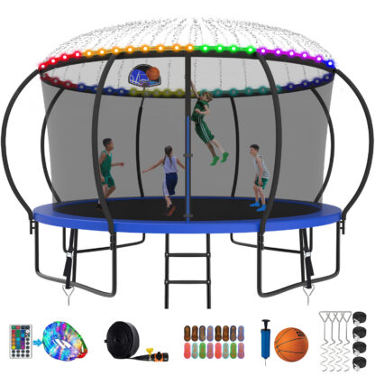 Kumix Trampoline 1400LBS 8 10 12 14 15 16FT Trampoline for Adults and Kids, Trampoline with Enclosure, Basketball Hoop, Wind Stakes and More Gifts, Galvanized Anti-Rust Outdoor Trampoline, Blue