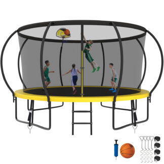 Kumix Trampoline 1400LBS 8 10 12 14 15 16FT Trampoline for Adults and Kids, Trampoline with Enclosure, Basketball Hoop, Wind Stakes, No Gap Design Galvanized Anti-Rust Outdoor Trampoline, Yellow
