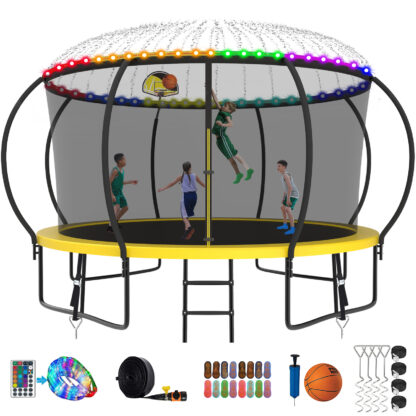 Kumix Trampoline 1400LBS 8 10 12 14 15 16FT Trampoline for Adults and Kids, Trampoline with Enclosure, Basketball Hoop, Wind Stakes and More Gifts, Galvanized Anti-Rust Outdoor Trampoline, Yellow