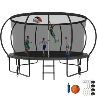 Kumix Trampoline 1400LBS 8 10 12 14 15 16FT Trampoline for Adults and Kids, Trampoline with Enclosure, Basketball Hoop, Wind Stakes, No Gap Design Galvanized Anti-Rust Outdoor Trampoline, Black
