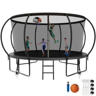Kumix Trampoline, 12FT 14FT 15FT 16FT Trampoline with Enclosure, Basketball Hoop, Wind Stakes, 1400LBS Trampoline for 7-8 Kids/3-4 Adults, Outdoor Heavy Duty Galvanized Full Spray Pumpkin Trampoline
