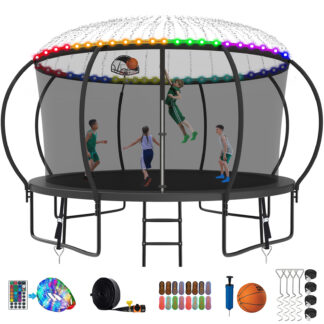 Kumix Trampoline 1400LBS 8 10 12 14 15 16FT Trampoline for Adults and Kids, Trampoline with Enclosure, Basketball Hoop, Wind Stakes and More Gifts, Galvanized Anti-Rust Outdoor Trampoline, Black
