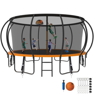 Kumix Trampoline 1500LBS 8 10 12 14 15 16FT Trampoline for Adults and Kids, Trampoline with Enclosure, Basketball Hoop, Wind Stakes, No Gap Design Galvanized Anti-Rust Outdoor Trampoline, Orange