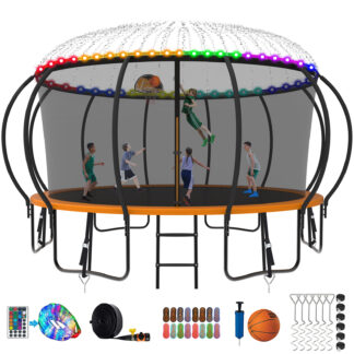 Kumix Trampoline 1500LBS 8 10 12 14 15 16FT Trampoline for Adults and Kids, Trampoline with Enclosure, Basketball Hoop, Wind Stakes and More Gifts, Galvanized Anti-Rust Outdoor Trampoline, Orange