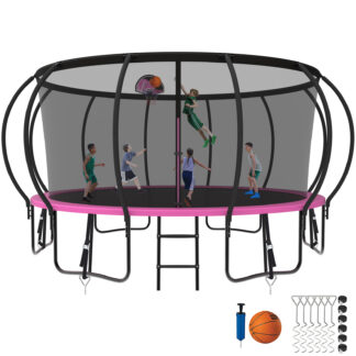 Kumix Trampoline 1500LBS 8 10 12 14 15 16FT Trampoline for Adults and Kids, Trampoline with Enclosure, Basketball Hoop, Wind Stakes, No Gap Design Galvanized Anti-Rust Outdoor Trampoline, Pink