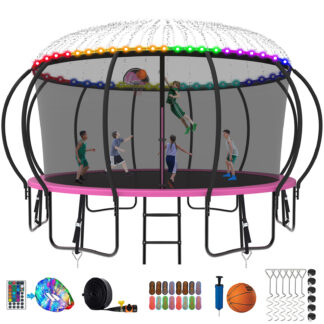Kumix Trampoline 1500LBS 8 10 12 14 15 16FT Trampoline for Adults and Kids, Trampoline with Enclosure, Basketball Hoop, Wind Stakes and More Gifts, Galvanized Anti-Rust Outdoor Trampoline, Pink