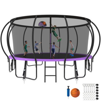 Kumix Trampoline 1500LBS 8 10 12 14 15 16FT Trampoline for Adults and Kids, Trampoline with Enclosure, Basketball Hoop, Wind Stakes, No Gap Design Galvanized Anti-Rust Outdoor Trampoline, Purple