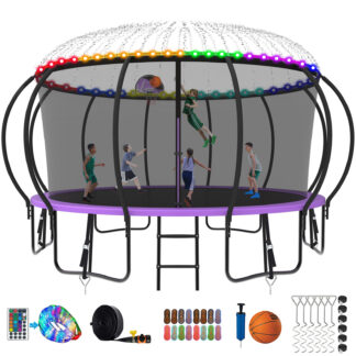 Kumix Trampoline 1500LBS 8 10 12 14 15 16FT Trampoline for Adults and Kids, Trampoline with Enclosure, Basketball Hoop, Wind Stakes and More Gifts, Galvanized Anti-Rust Outdoor Trampoline, Purple