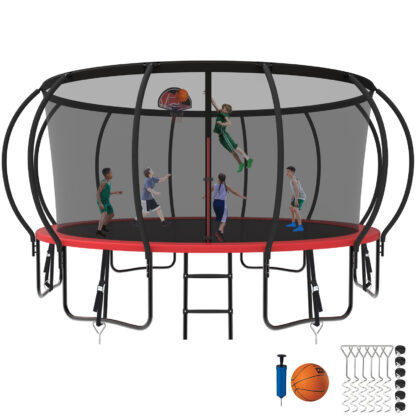 Kumix Trampoline 1500LBS 8 10 12 14 15 16FT Trampoline for Adults and Kids, Trampoline with Enclosure, Basketball Hoop, Wind Stakes, No Gap Design Galvanized Anti-Rust Outdoor Trampoline, Red