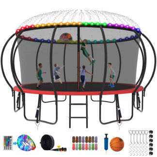 Kumix Trampoline 1500LBS 8 10 12 14 15 16FT Trampoline for Adults and Kids, Trampoline with Enclosure, Basketball Hoop, Wind Stakes and More Gifts, Galvanized Anti-Rust Outdoor Trampoline, Red