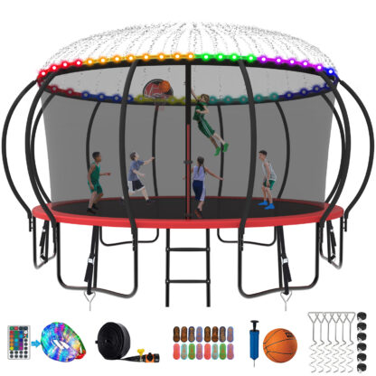 Kumix Trampoline 1500LBS 8 10 12 14 15 16FT Trampoline for Adults and Kids, Trampoline with Enclosure, Basketball Hoop, Wind Stakes and More Gifts, Galvanized Anti-Rust Outdoor Trampoline, Red