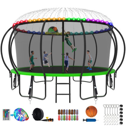 Kumix Trampoline 15FT, 1500LBS Trampoline for 8-9 Kids/4-5 Adults, Outdoor Trampoline with Enclosure, Basketball Hoop, Lights, Sprinkler, Socks, Heavy Duty Galvanized Anti-Rust Coating Trampoline