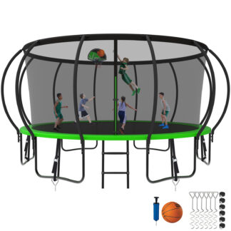 Kumix Trampoline 1500LBS 8 10 12 14 15 16FT Trampoline for Adults and Kids, Trampoline with Enclosure, Basketball Hoop, Wind Stakes, No Gap Design Galvanized Anti-Rust Outdoor Trampoline, Green