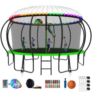 Kumix Trampoline, 12FT 14FT 15FT 16FT Trampoline with Enclosure, Basketball Hoop, Extra Gifts, 1500LBS Trampoline for 8-9 Kids/4-5 Adults, Outdoor Heavy Duty Galvanized Full Spray Pumpkin Trampoline