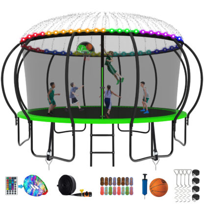 Kumix Trampoline, 12FT 14FT 15FT 16FT Trampoline with Enclosure, Basketball Hoop, Extra Gifts, 1500LBS Trampoline for 8-9 Kids/4-5 Adults, Outdoor Heavy Duty Galvanized Full Spray Pumpkin Trampoline