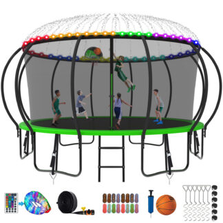 Kumix Trampoline 1500LBS 8 10 12 14 15 16FT Trampoline for Adults and Kids, Trampoline with Enclosure, Basketball Hoop, Wind Stakes and More Gifts, Galvanized Anti-Rust Outdoor Trampoline, Green