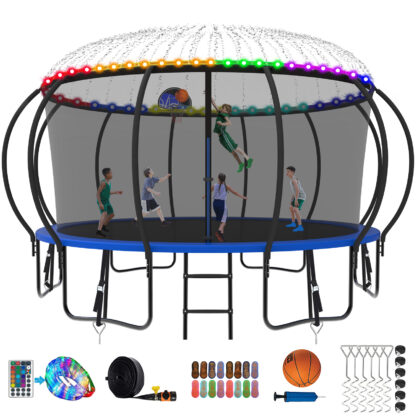 Kumix Trampoline 15FT, 1500LBS Trampoline for 8-9 Kids/4-5 Adults, Outdoor Trampoline with Enclosure, Basketball Hoop, Lights, Sprinkler, Socks, Heavy Duty Galvanized Anti-Rust Coating Trampoline
