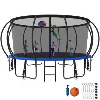 Kumix Trampoline 1500LBS 8 10 12 14 15 16FT Trampoline for Adults and Kids, Trampoline with Enclosure, Basketball Hoop, Wind Stakes, No Gap Design Galvanized Anti-Rust Outdoor Trampoline, Blue