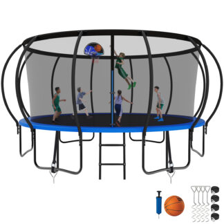 Kumix Trampoline, 12FT 14FT 15FT 16FT Trampoline with Enclosure, Basketball Hoop, Wind Stakes, 1500LBS Trampoline for 8-9 Kids/4-5 Adults, Outdoor Heavy Duty Galvanized Full Spray Pumpkin Trampoline