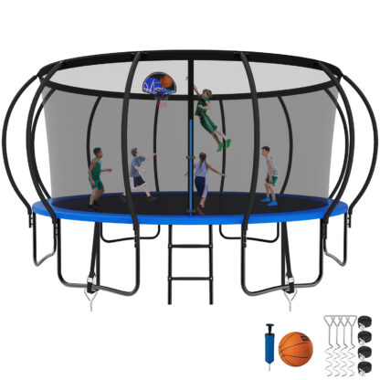 Kumix Trampoline, 12FT 14FT 15FT 16FT Trampoline with Enclosure, Basketball Hoop, Wind Stakes, 1500LBS Trampoline for 8-9 Kids/4-5 Adults, Outdoor Heavy Duty Galvanized Full Spray Pumpkin Trampoline