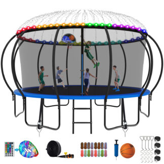 Kumix Trampoline, 12FT 14FT 15FT 16FT Trampoline with Enclosure, Basketball Hoop, Extra Gifts, 1500LBS Trampoline for 8-9 Kids/4-5 Adults, Outdoor Heavy Duty Galvanized Full Spray Pumpkin Trampoline
