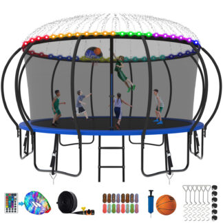 Kumix Trampoline 1500LBS 8 10 12 14 15 16FT Trampoline for Adults and Kids, Trampoline with Enclosure, Basketball Hoop, Wind Stakes and More Gifts, Galvanized Anti-Rust Outdoor Trampoline, Blue