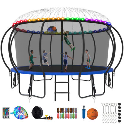 Kumix Trampoline 1500LBS 8 10 12 14 15 16FT Trampoline for Adults and Kids, Trampoline with Enclosure, Basketball Hoop, Wind Stakes and More Gifts, Galvanized Anti-Rust Outdoor Trampoline, Blue