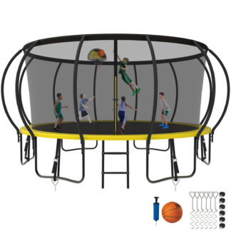 Kumix Trampoline 1500LBS 8 10 12 14 15 16FT Trampoline for Adults and Kids, Trampoline with Enclosure, Basketball Hoop, Wind Stakes, No Gap Design Galvanized Anti-Rust Outdoor Trampoline, Yellow