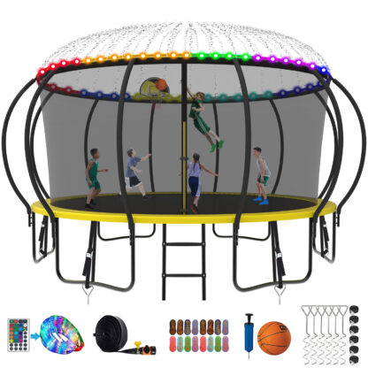 Kumix Trampoline 1500LBS 8 10 12 14 15 16FT Trampoline for Adults and Kids, Trampoline with Enclosure, Basketball Hoop, Wind Stakes and More Gifts, Galvanized Anti-Rust Outdoor Trampoline, Yellow