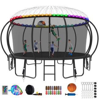 Kumix Trampoline 15FT, 1500LBS Trampoline for 8-9 Kids/4-5 Adults, Outdoor Trampoline with Enclosure, Basketball Hoop, Lights, Sprinkler, Socks, Heavy Duty Galvanized Anti-Rust Coating Trampoline